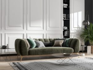 Moderne woonkamer met stijlvolle groene fluwelen sofa, zachte kussens en Scandinavisch interieurdesign
